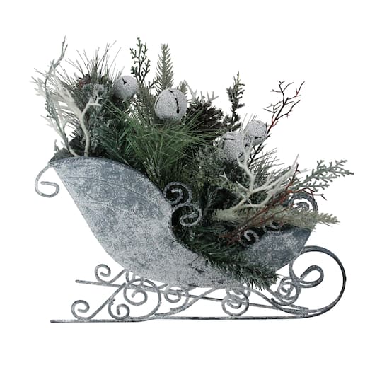 9.5&#x22; Gray &#x26; Green Frosted Pinecone in Foliage Filled Tabletop Sleigh